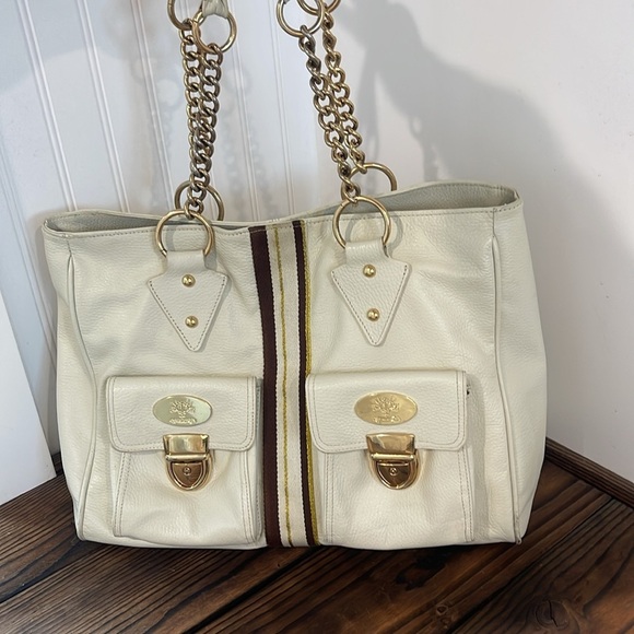 Christine Price Cream Leather Tote Bag with Gold Chain Accent - Picture 1 of 8